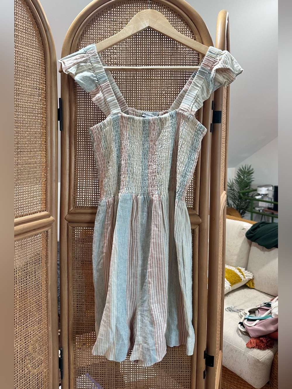Madewell Pastel Stripe Smocked Romper - Blue, Pink, Cream